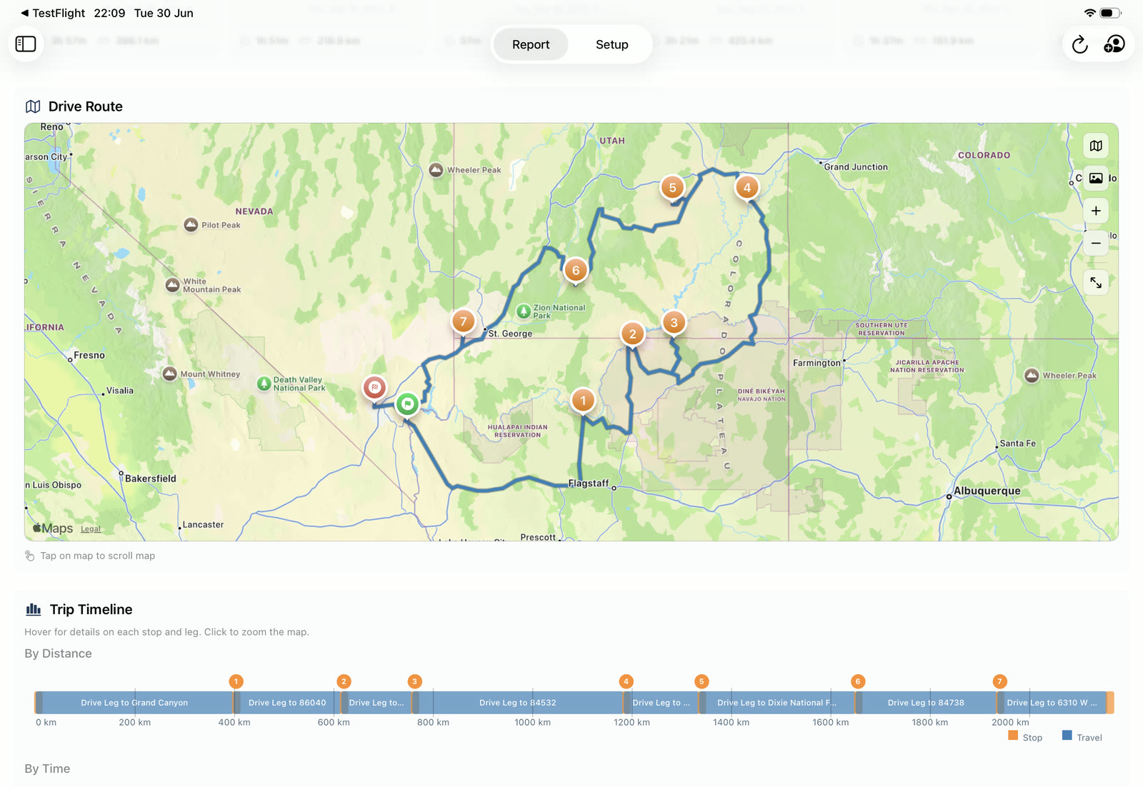 Road trip route map and timeline shown on iPad