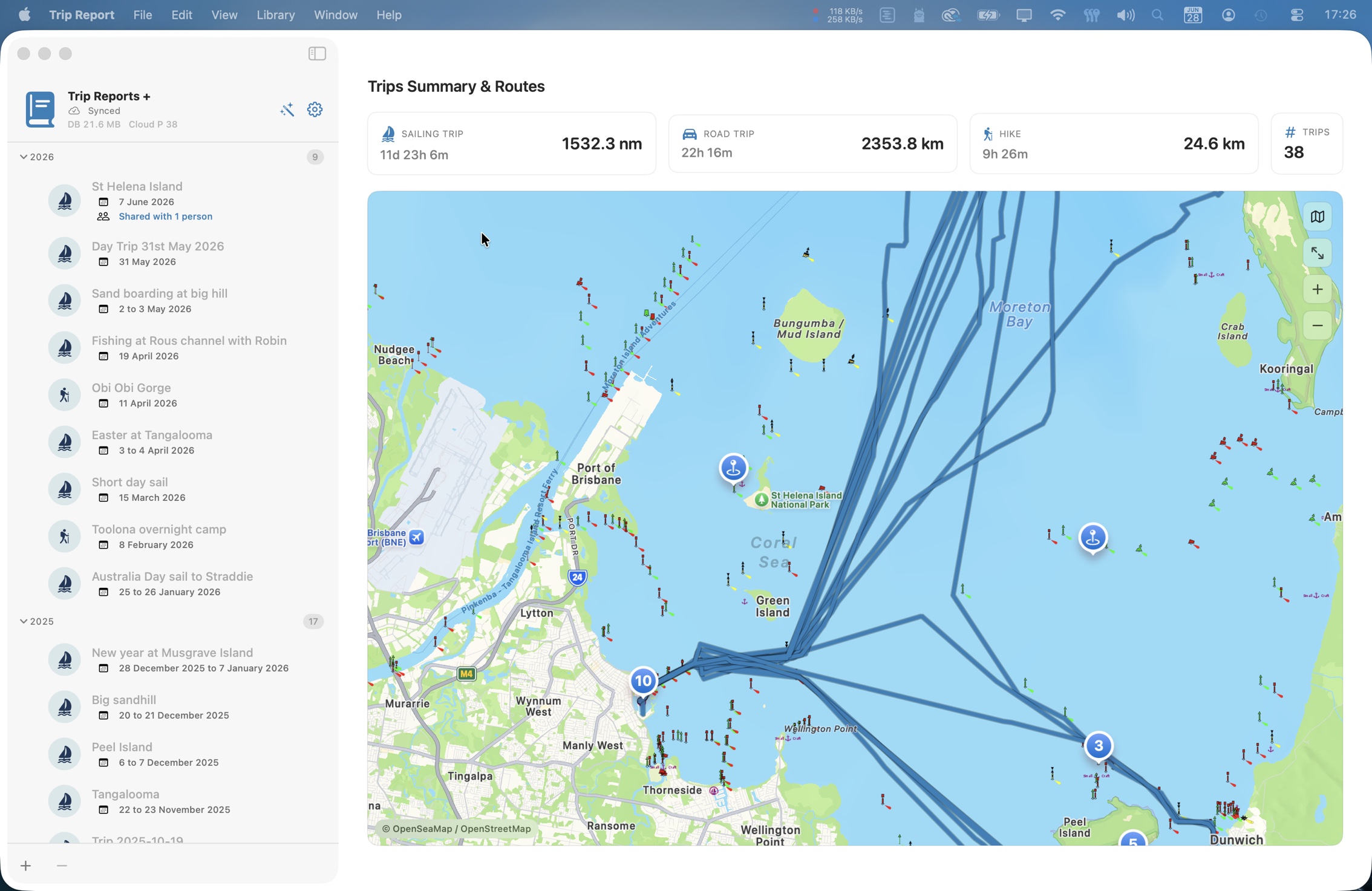 Trip summaries and sailing routes shown on Mac