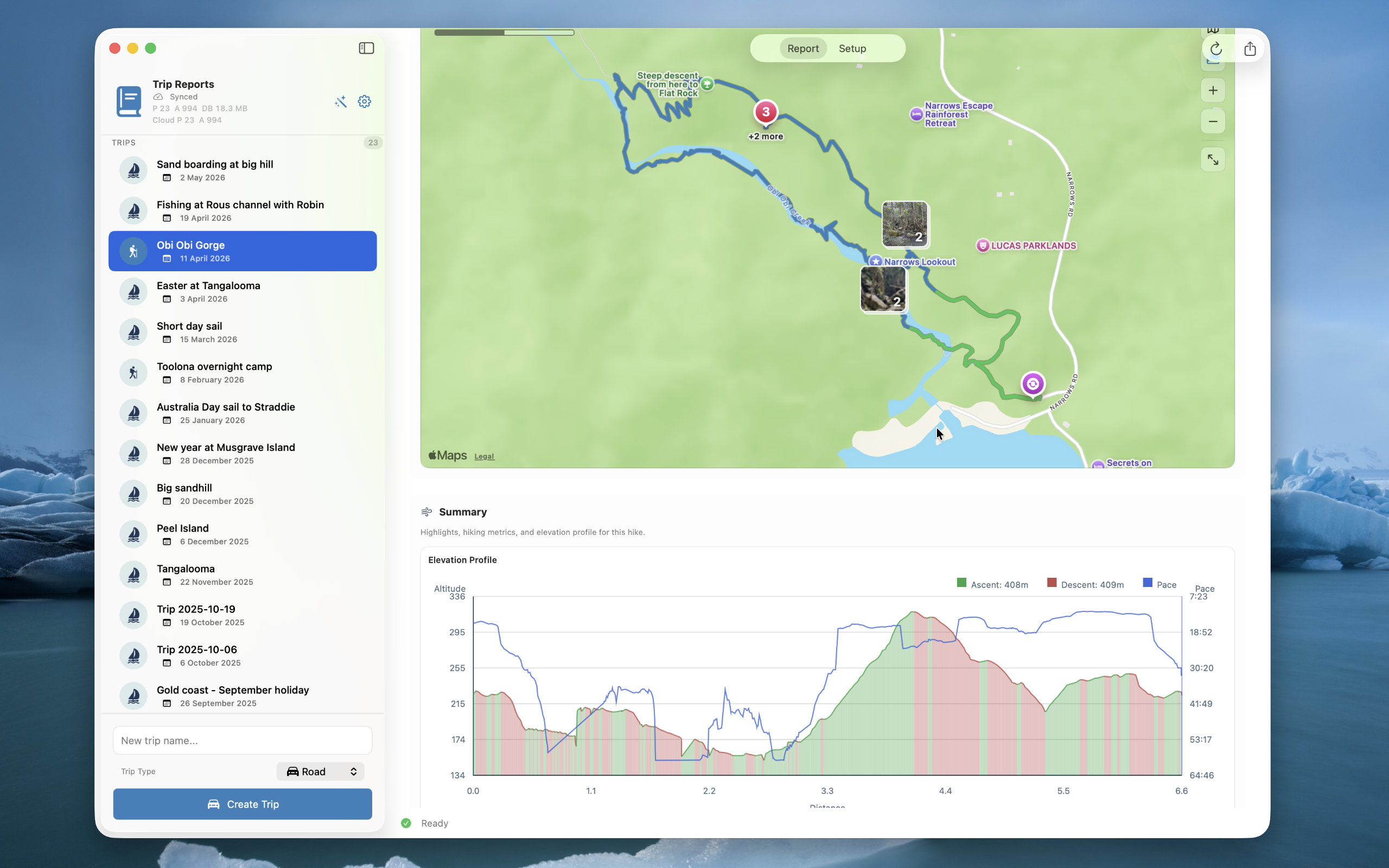 Hike map with photo pins and elevation profile