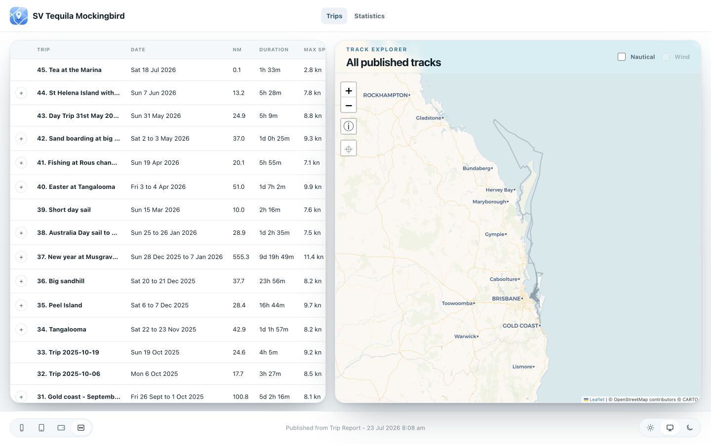 SV Tequila Mockingbird public sailing logbook showing published trips beside an interactive route map